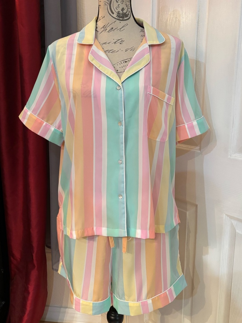Isaac Mizrahi Pastel Stripes Pajama Button Down Top & Shorts Set